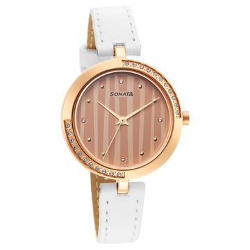 Sonata Utsav Rose Gold Dial White Leather Strap Watch for Women