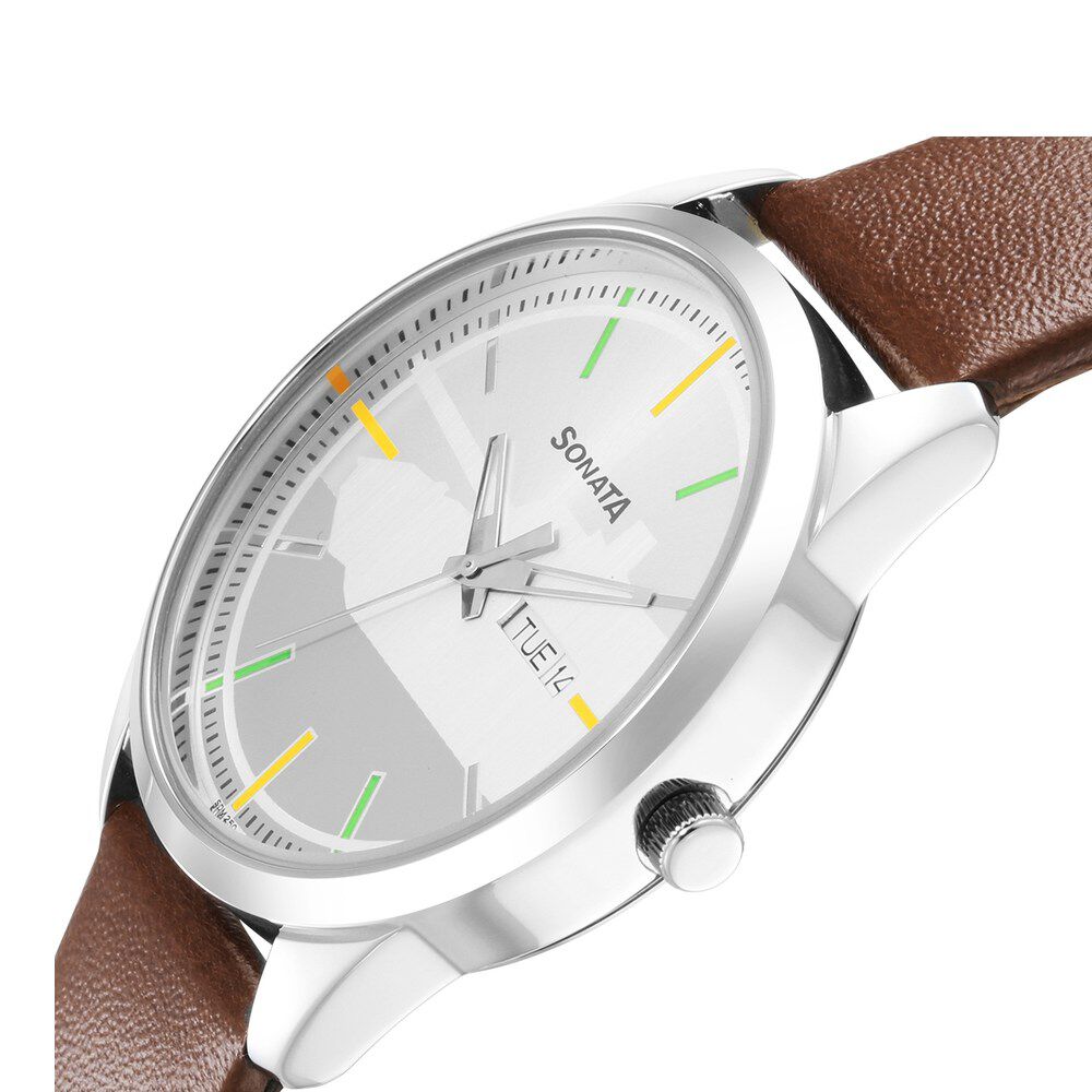 Buy Online Sonata Force Quartz Analog with Day and Date Silver Dial Leather Strap Watch for Men nr7146sl06 Titan
