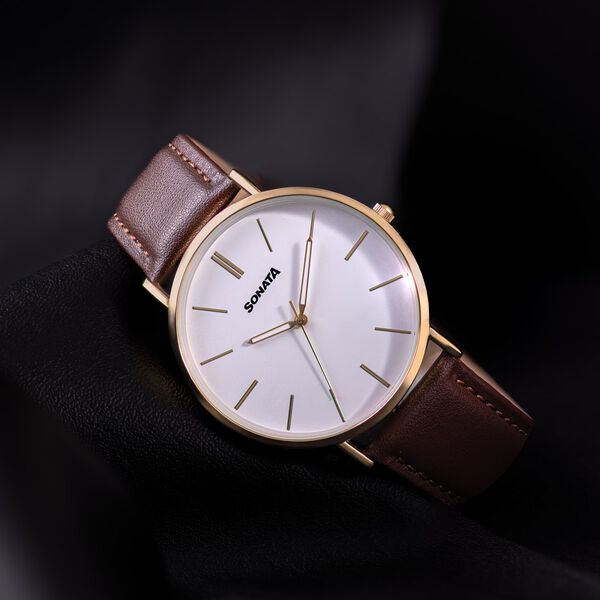 Sonata Quartz Analog White Dial Brown Leather Strap Watch For Men - image number 0