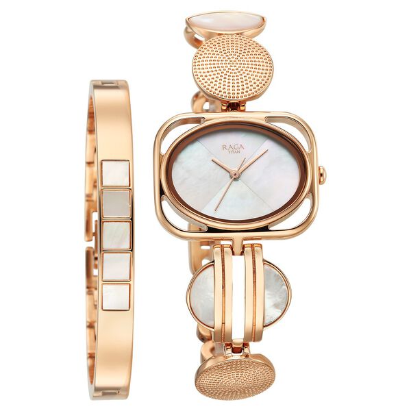 Titan Raga Power Pearls Quartz Analog Mother of Pearl Dial Rose Gold Metal Strap Rectangular Shaped Watch For Women - image number 0