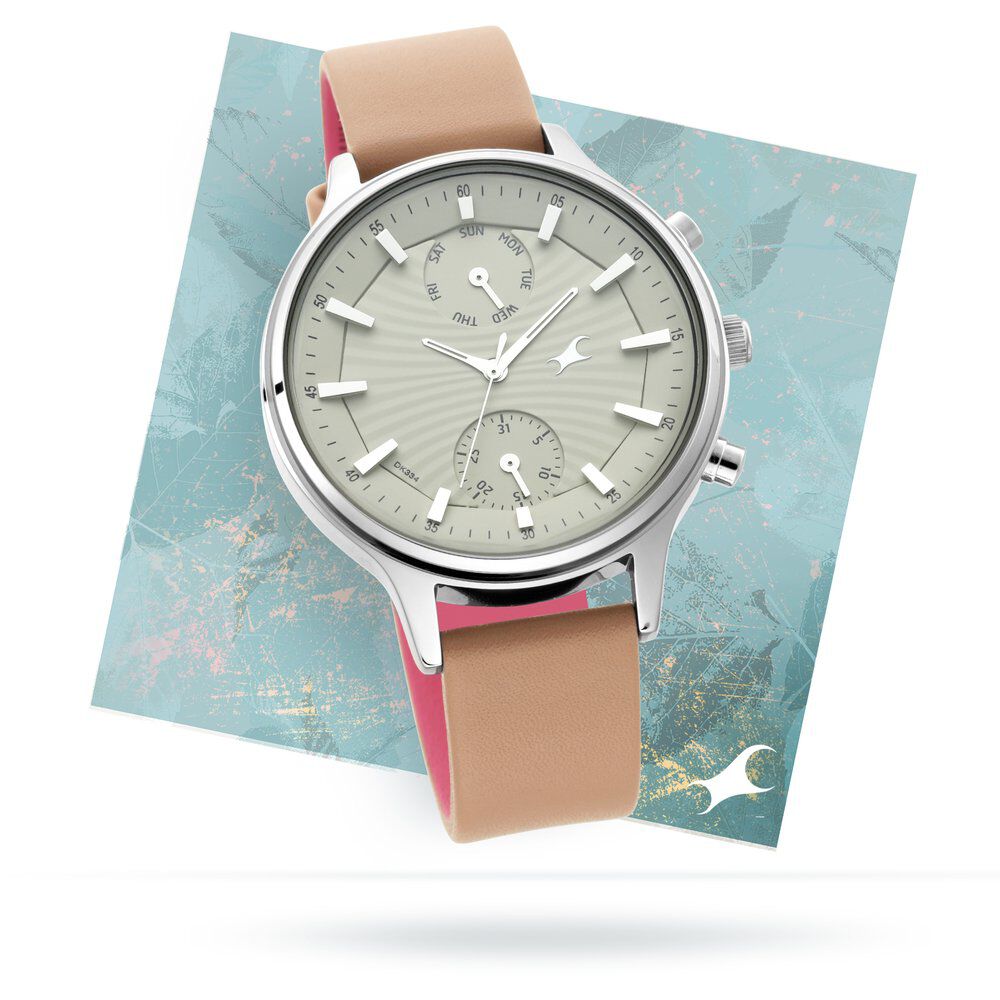 Buy Online Fastrack Ruffles Quartz Multifunction Beige Dial Leather Strap Watch for Girls ns6208sl02 Titan