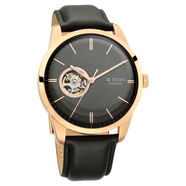 Titan Automatic Open Heart Black Dial Black Leather Strap Watch for Men - image number 1