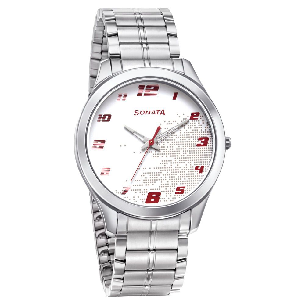 Buy Online Sonata RPM Quartz Analog White Dial Metal Strap Watch