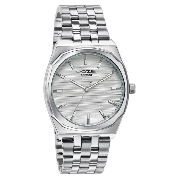 Sonata Poze Quartz Analog White Dial Silver Colour Stainless Steel Strap Watch For Men - image number 1