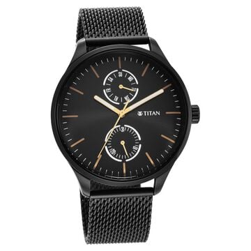 Titan Black and Gold Black Dial Analog with Day and Date Stainless Steel Strap Watch for Men