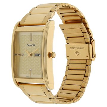 Sonata Quartz Analog with Day and Date Champagne Dial Stainless Steel Strap Watch for Men