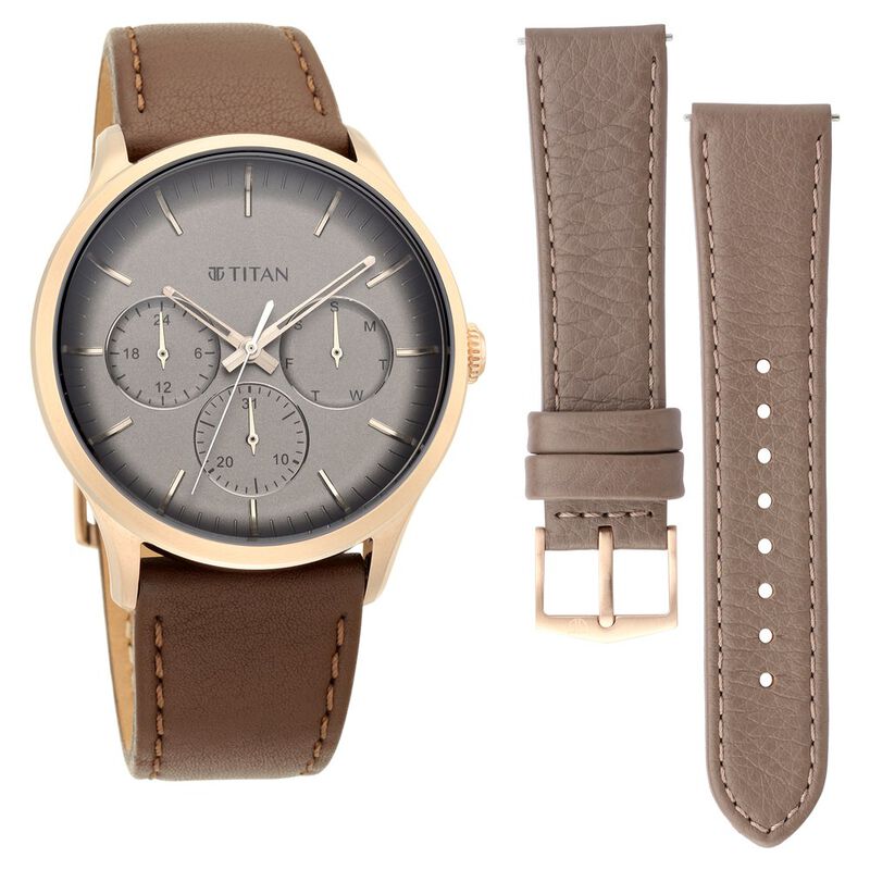 Titan Quartz Multifunction Grey Dial Leather Strap Watch for Men