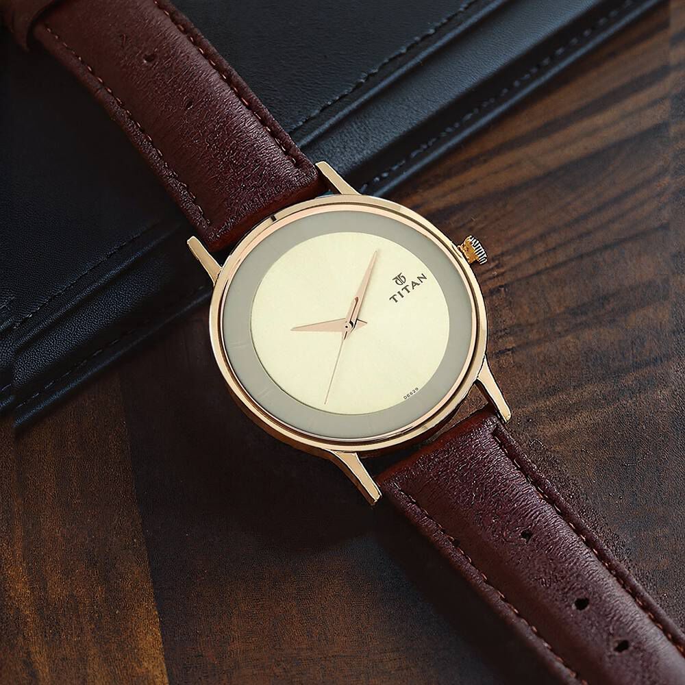 Buy Online Titan Champagne Dial Analog Leather Strap watch for Men