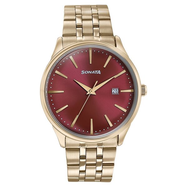 Sonata Wedding Edit Quartz Analog with Date Red Dial Stainless Steel Strap Watch For Men - image number 0