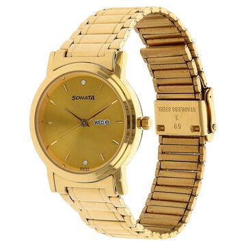 Sonata Quartz Analog with Day and Date Champagne Dial Stainless Steel Strap Watch for Men