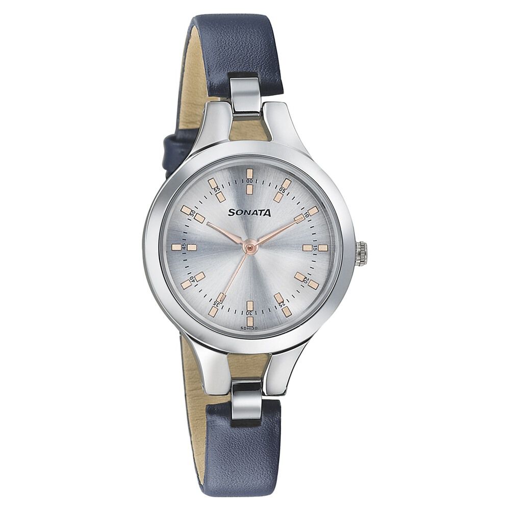 Buy Online Sonata Steel Daisies Silver Dial Women Watch With Leather Strap ns8151sl01 Titan