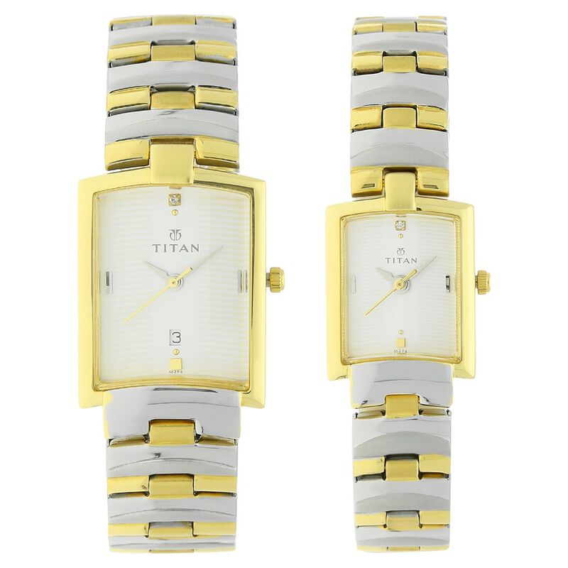 Titan Quartz Analog with Date White Dial Stainless Steel Strap Watch for Couple