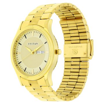 Titan Quartz Analog with Day and Date Golden Dial Stainless Steel Strap Watch for Men