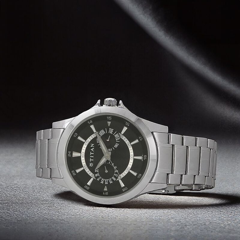 Titan Octane Multifunction Black Dial Silver Stainless Steel Strap Watch For Men