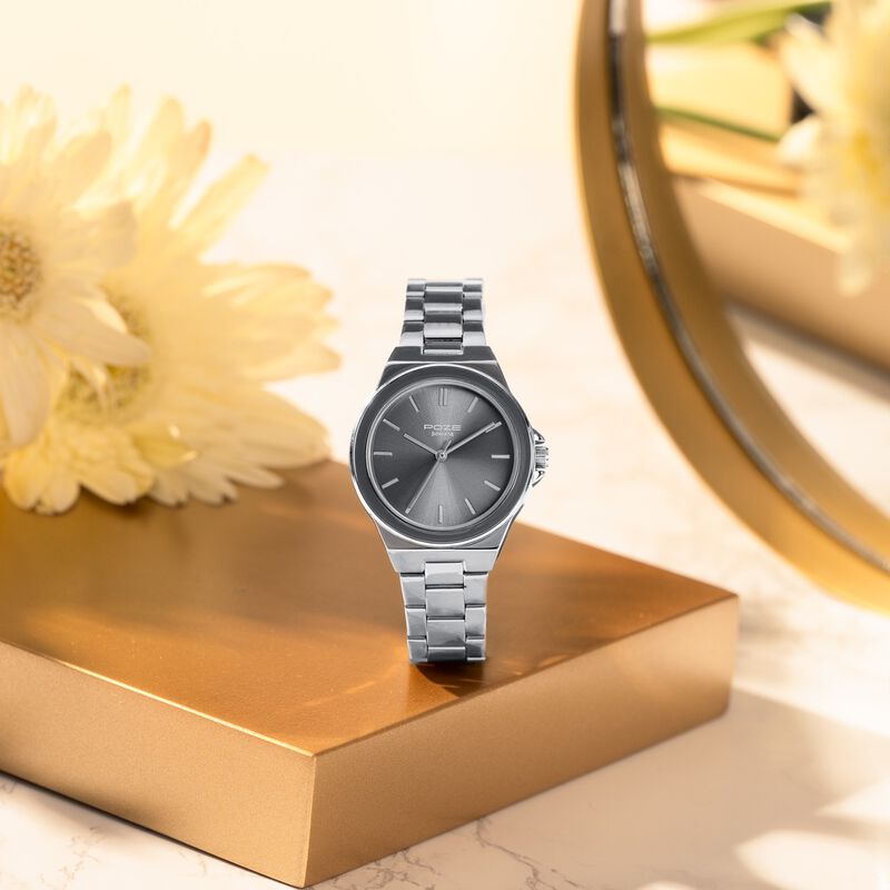 Sonata Poze Quartz Analog Grey Dial Silver Colour Stainless Steel Strap Watch For Women