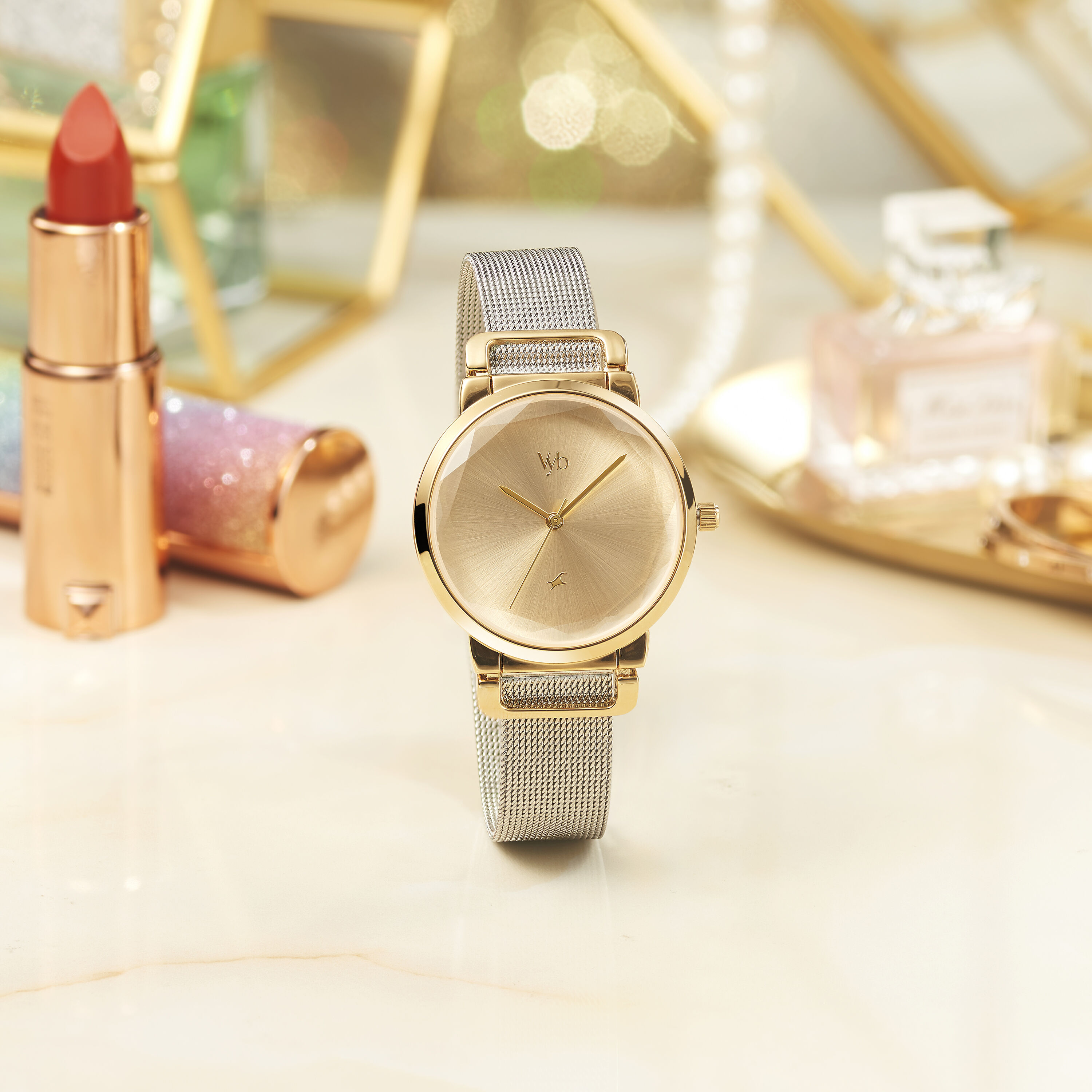Buy Online Vyb by Fastrack Quartz Analog Golden Dial Stainless