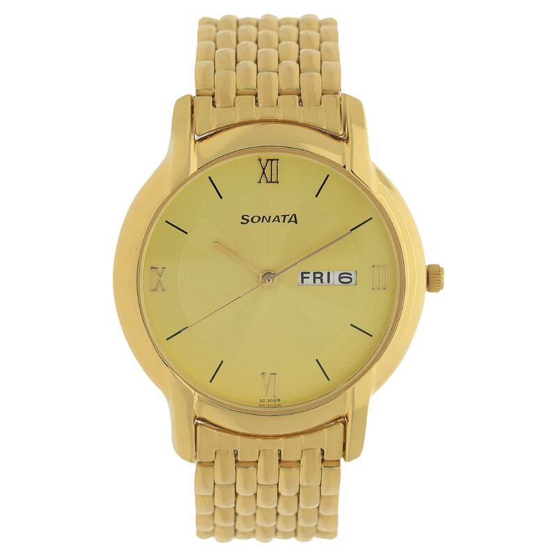 Sonata Quartz Analog with Day and Date Champagne Dial Metal Strap Watch for Men