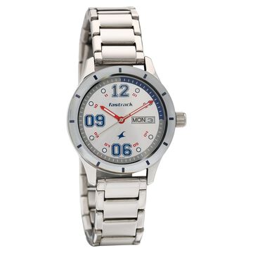 Fastrack Quartz Analog with Day and Date Silver Dial Stainless Steel Strap Watch for Girls