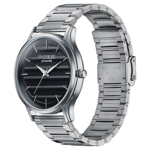 Sonata Poze Quartz Analog Black Dial Metal Strap Watch For Men - image number 3