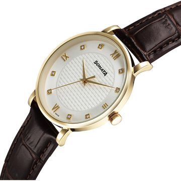 Sonata Wedding Quartz Analog Off White Dial Leather Strap Watch For Men