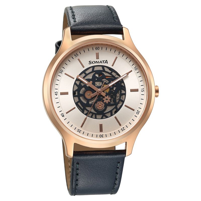 Sonata Unveil Quartz Multifunction Silver Dial Leather Strap Watch for Men - image number 0