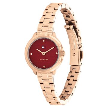 Tommy Hilfiger Quartz Analog Red Dial Golden Stainless Steel Strap Watch For Women