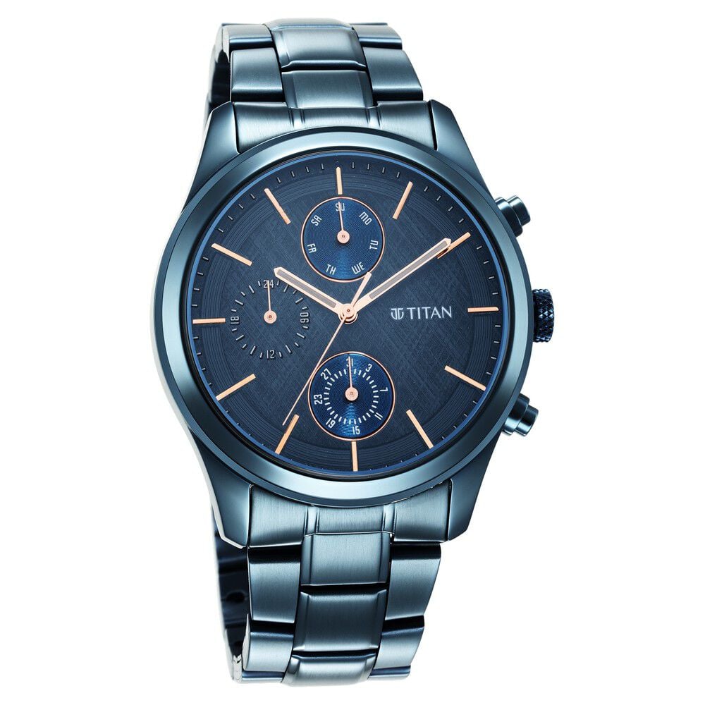 Buy Online Titan Neo Splash Blue Dial Quartz Multifunction Stainless Steel Strap watch for Men ns1805qm01 Titan