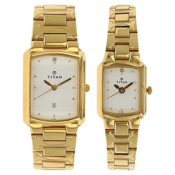 Titan Quartz Analog with Date White Dial Stainless Steel Strap Watch for Couple - image number 0