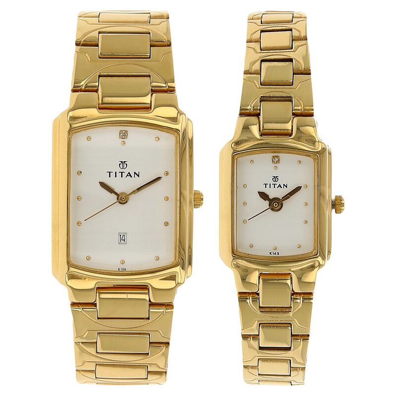 Titan Quartz Analog with Date White Dial Stainless Steel Strap Watch for Couple