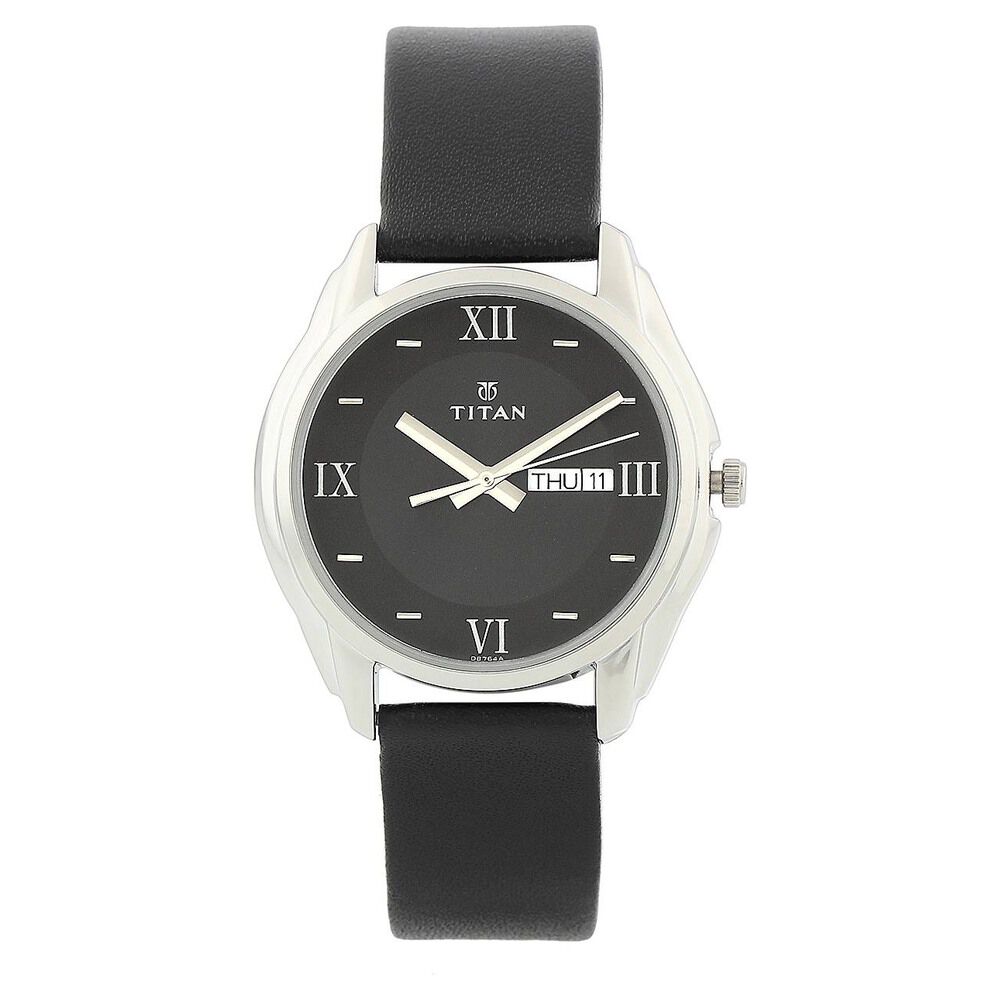 Buy Online Titan Analog Black Dial with Day and Date Leather Strap