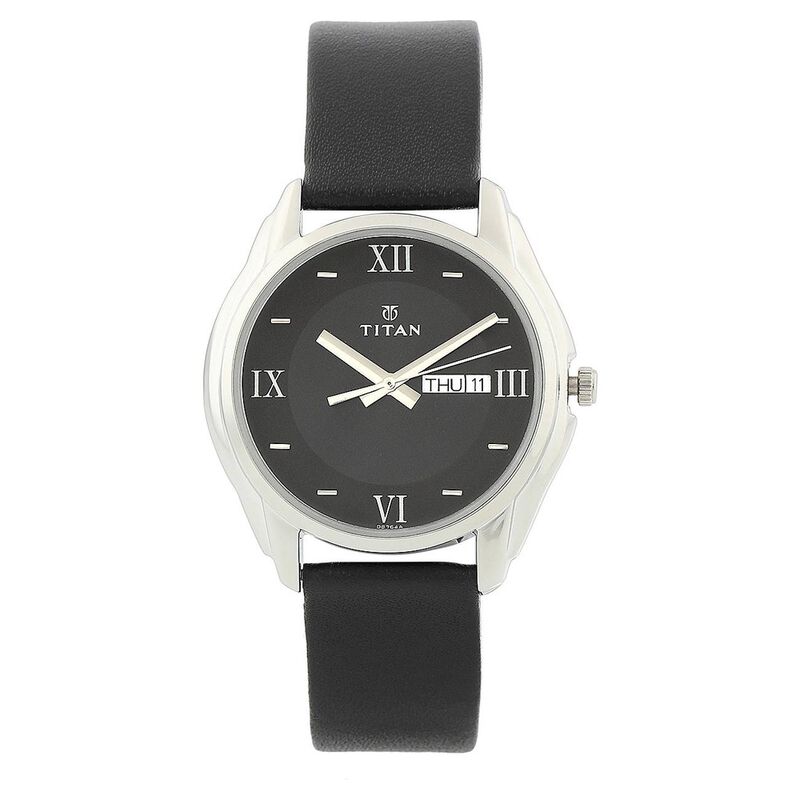 Titan Analog Black Dial with Day and Date Leather Strap Watch for Men