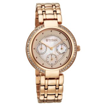 Titan Purple Eternal Quartz Analog Off White Dial Rose Gold Metal Strap Watch For Women