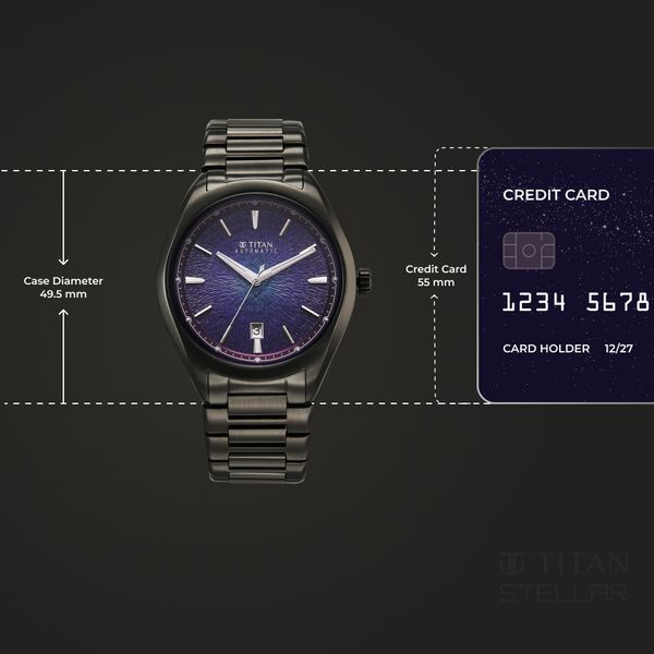 Titan Stellar Starlight Analog with Concealed Automatic and Violet Dial Dark Gun Stainless Steel Strap Watch for Men - image number 3