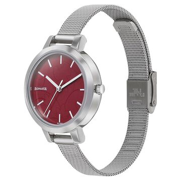 Sonata Silver Lining Red Dial Women Watch With Stainless Steel Strap