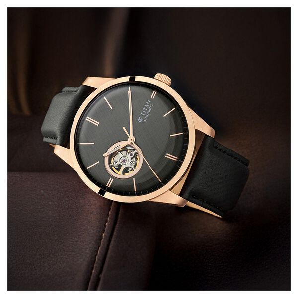 Titan Automatic Open Heart Black Dial Black Leather Strap Watch for Men - image number 0
