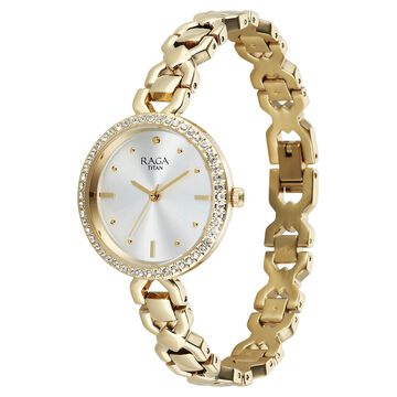 Titan Raga Spotlight Quartz Analog Silver Dial Golden Metal Strap Watch For Women