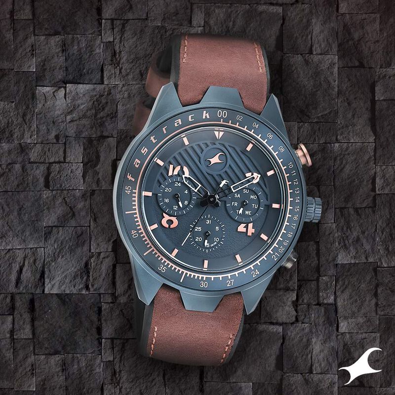 Fastrack All Nighters Quartz Multifunction Blue Dial Leather Strap Watch for Guys