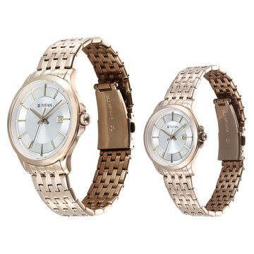 Titan Bandhan Quartz Analog with Date Silver Dial Rose Gold Stainless Steel Strap Watch For Couple