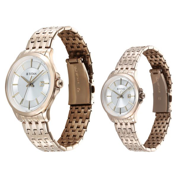 Titan Bandhan Quartz Analog with Date Silver Dial Rose Gold Stainless Steel Strap Watch For Couple - image number 2