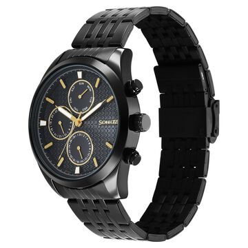 Sonata Magna Quartz Multifunction Black Dial Black Stainless Steel Strap Watch For Men