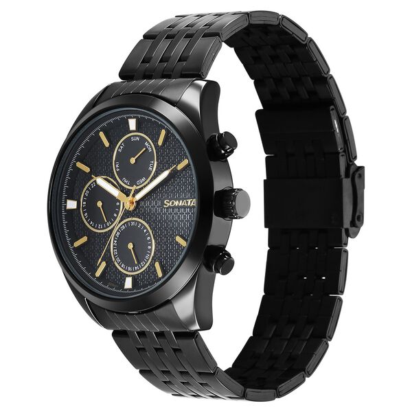Sonata Magna Quartz Multifunction Black Dial Black Stainless Steel Strap Watch For Men - image number 2