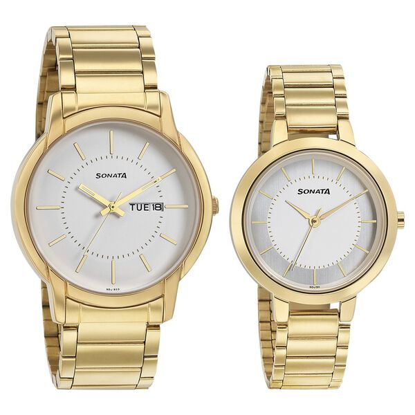 Sonata Quartz Analog White Dial Metal Strap Watch for Couple - image number 0