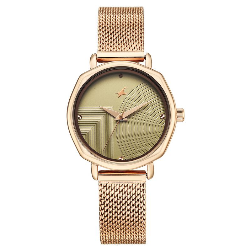 Fastrack Stunners Quartz Analog Green Dial Rose Gold Stainless Steel Strap Watch For Girls
