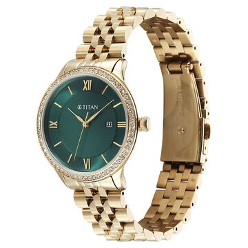 Titan Purple Prestige Quartz Analog with Date Green Dial Golden Stainless Steel Strap Watch For Women