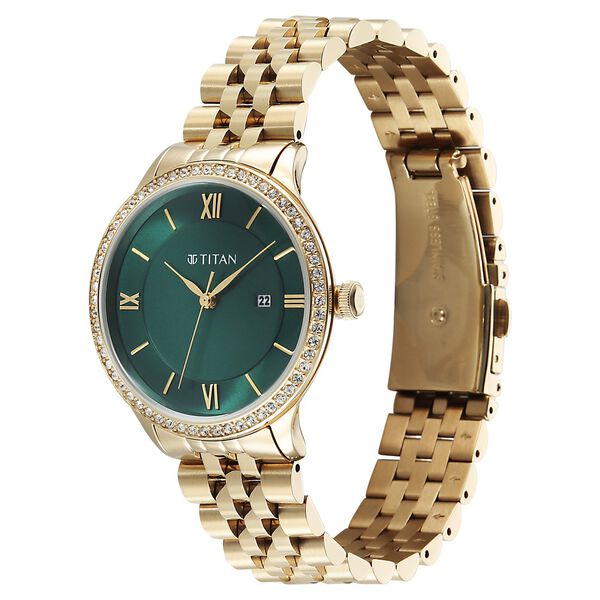 Titan Purple Prestige Quartz Analog with Date Green Dial Golden Stainless Steel Strap Watch For Women - image number 2