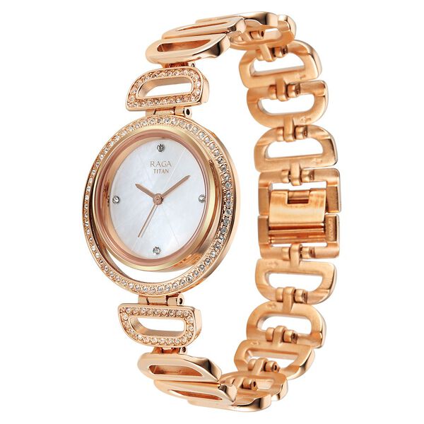 Titan Raga Glimmers Quartz Analog Mother of Pearl Dial Rose Gold Metal Strap Watch For Women - image number 2