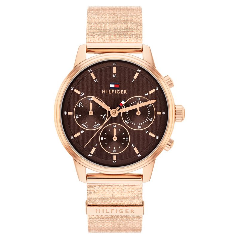 Tommy Hilfiger Quartz Multifunction Brown Dial Rose Gold Stainless Steel Strap Watch For Women