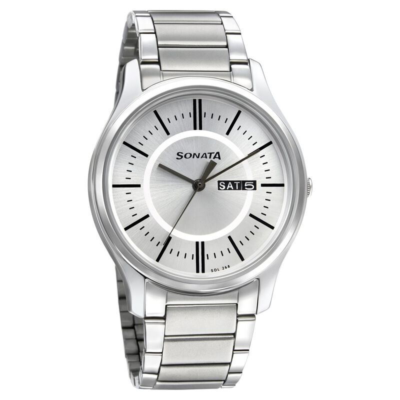 Sonata Quartz Analog with Day and Date Silver Dial Silver Stainless Steel Strap Watch For Men