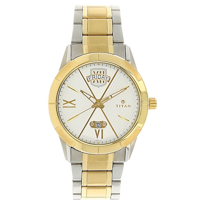 Titan Regal Crest Silver Dial Analog Day Date Stainless Steel Strap watch for Men