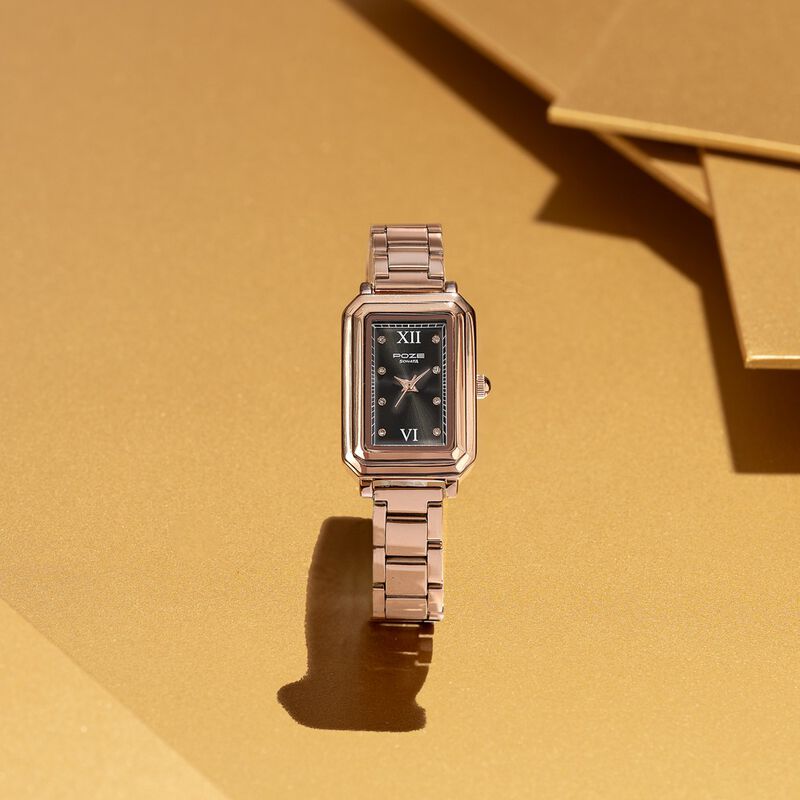 Sonata Poze Quartz Analog Black Mother Of Pearl Dial Rose Gold Colour Stainless Steel Strap Watch For Women
